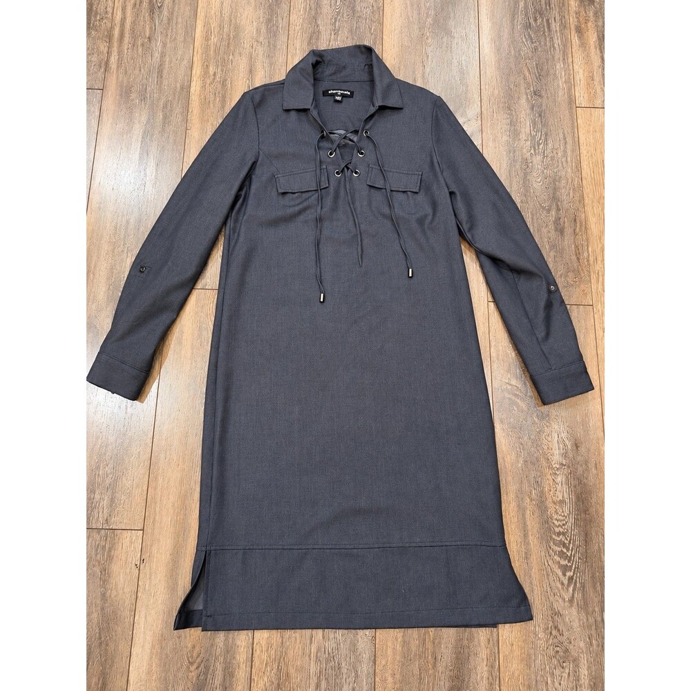 Sharagano Size 4 Charcoal Gray Lace Up Shift Dress Long Sleeve Roll Tab